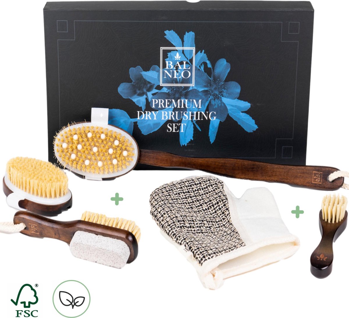 Dry Brush Badborstel Geschenkset Vrouwen Rugborstel Douche met Steel - Massage Droogborstel Anti Cellulite - Lichaamsborstel FSC® Hout - Premium Badkamer Accessoires Balneo®
