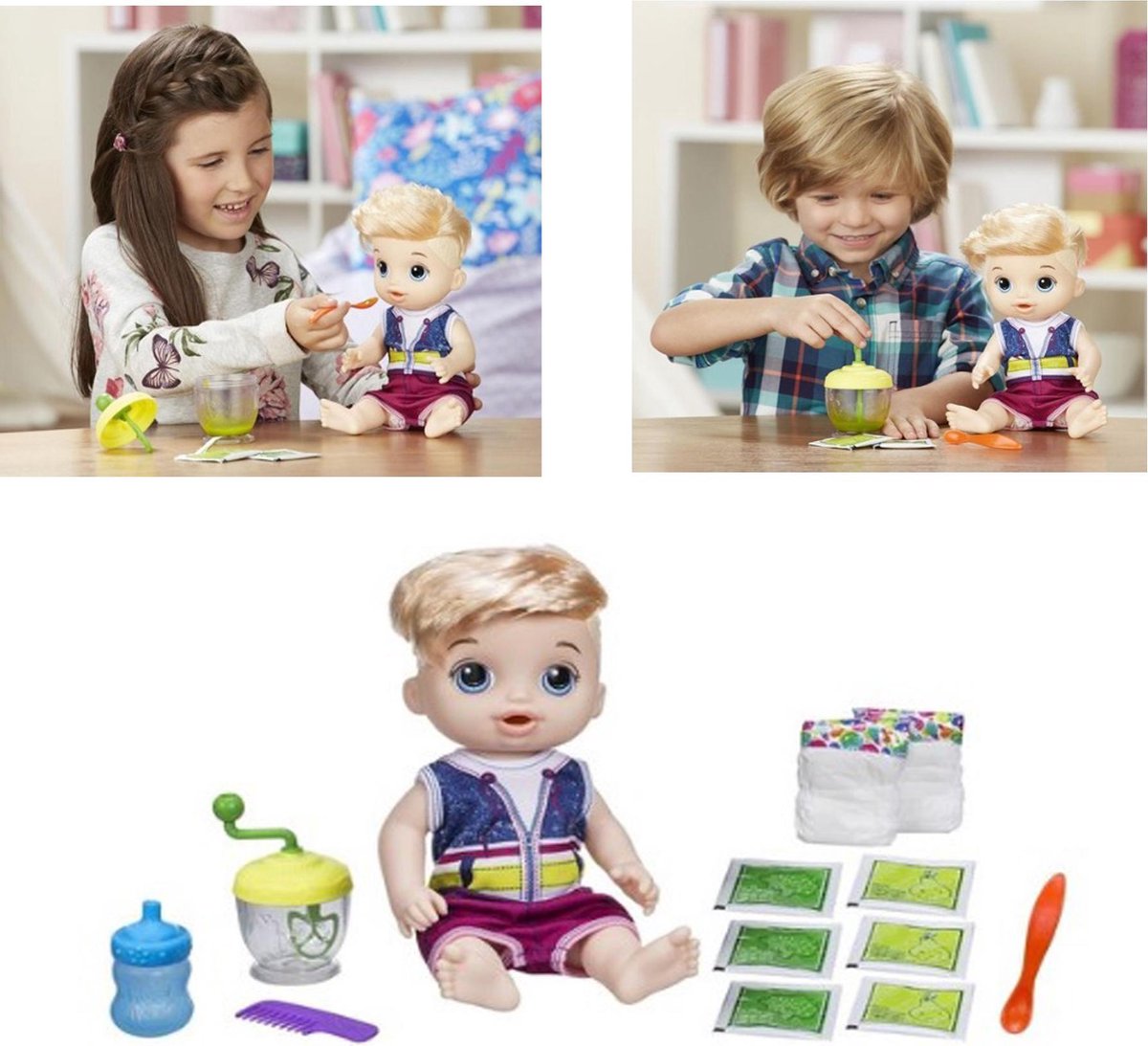 Baby pop jongen blond heeft honger. Verzorgen en eten geven