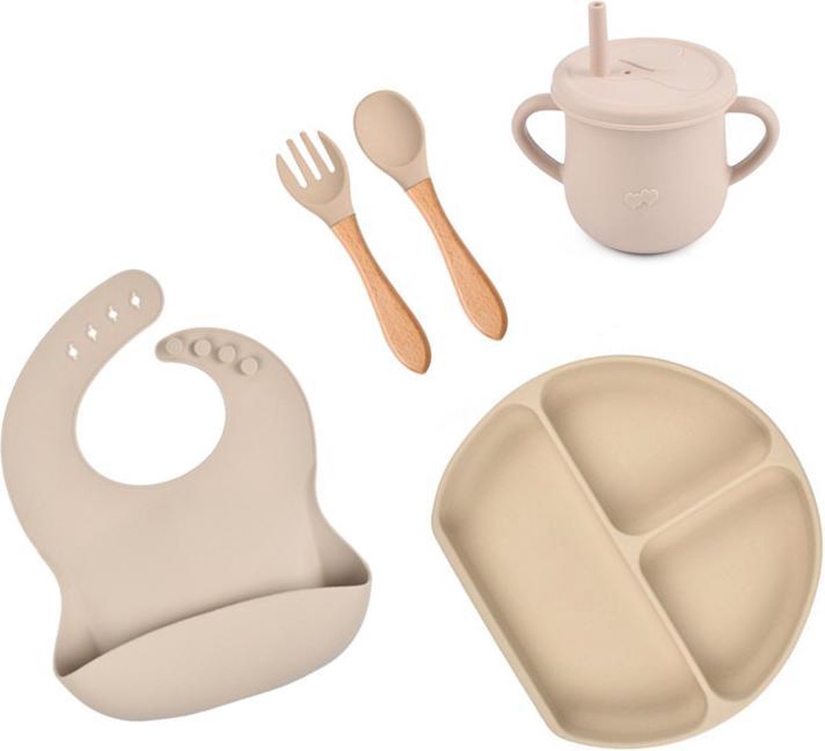 Baby Siliconen 5- delig / kinderservies voor Baby / Jongen / Meisje - Onbreekbaar / Plaat - beker -Slabbetje - Lepel & Vork