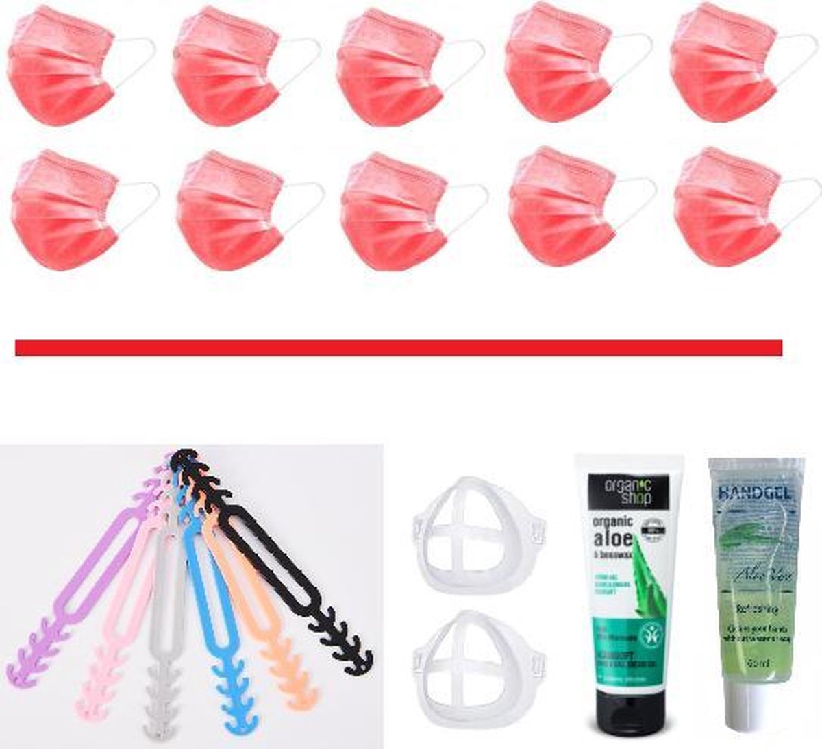 Mondkapjes Vakantie Pakket: 50 Rode Mondmaskers | 5 Earsavers Mix | 2 Mondmaskerhouders | Handcreme | Handgel
