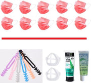 Mondkapjes Vakantie Pakket: 50 Rode Mondmaskers | 5 Earsavers Mix | 2 Mondmaskerhouders | Handcreme | Handgel