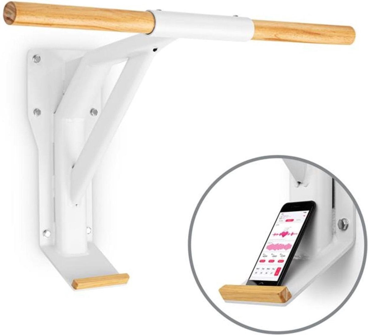 Light optrekstang staal hout smartphonehouder wit