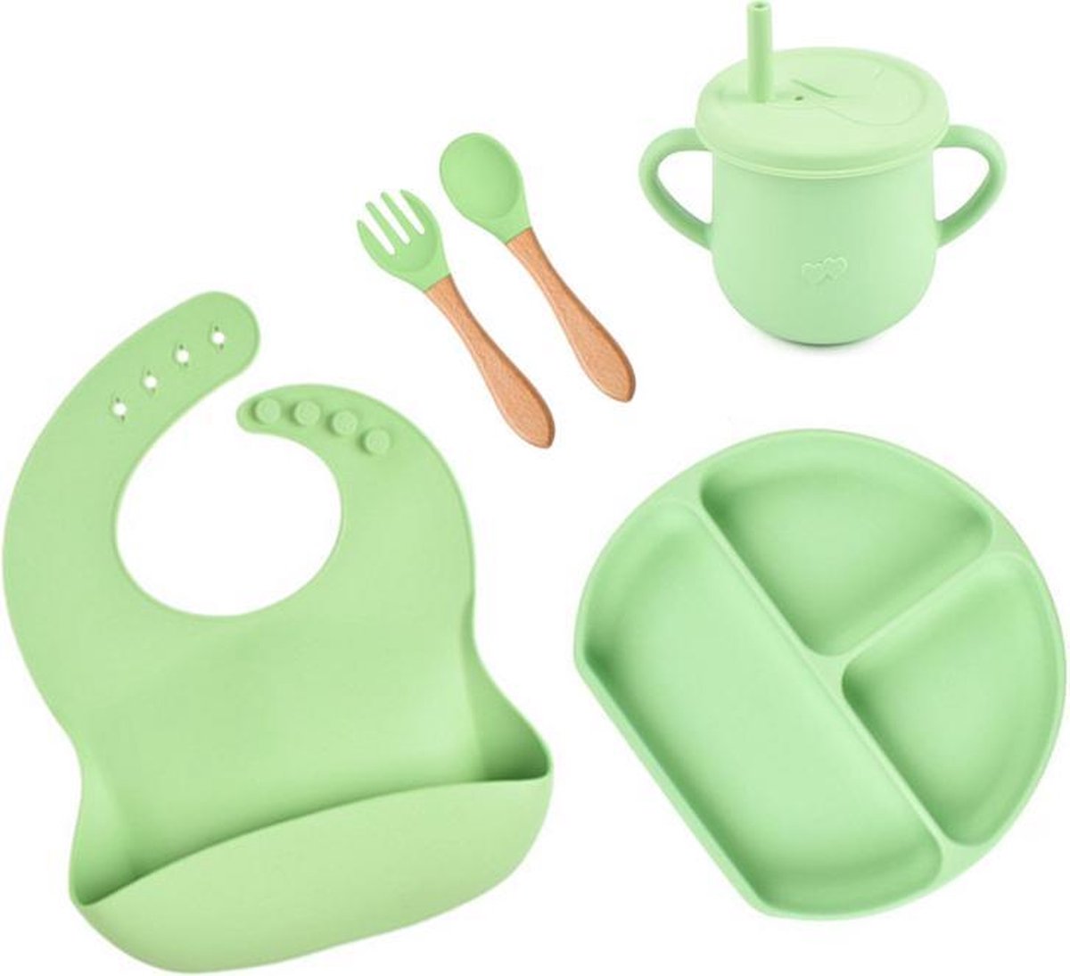 Baby Siliconen 5- delig / kinderservies voor Baby / Jongen / Meisje - Onbreekbaar / Plaat - beker -Slabbetje - Lepel & Vork