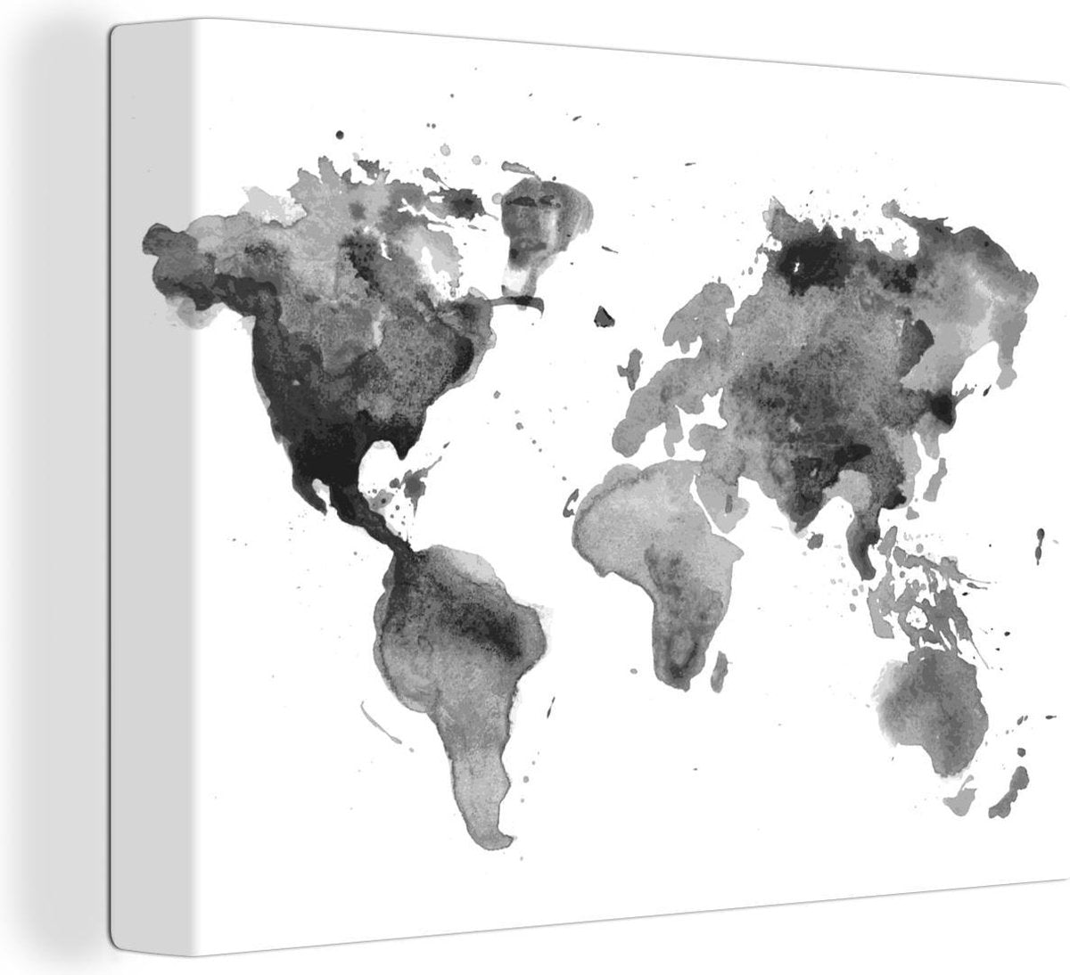 Canvas Schilderijen - Wereldkaart - Aquarel - Zwart - 40x30 cm - Wanddecoratie