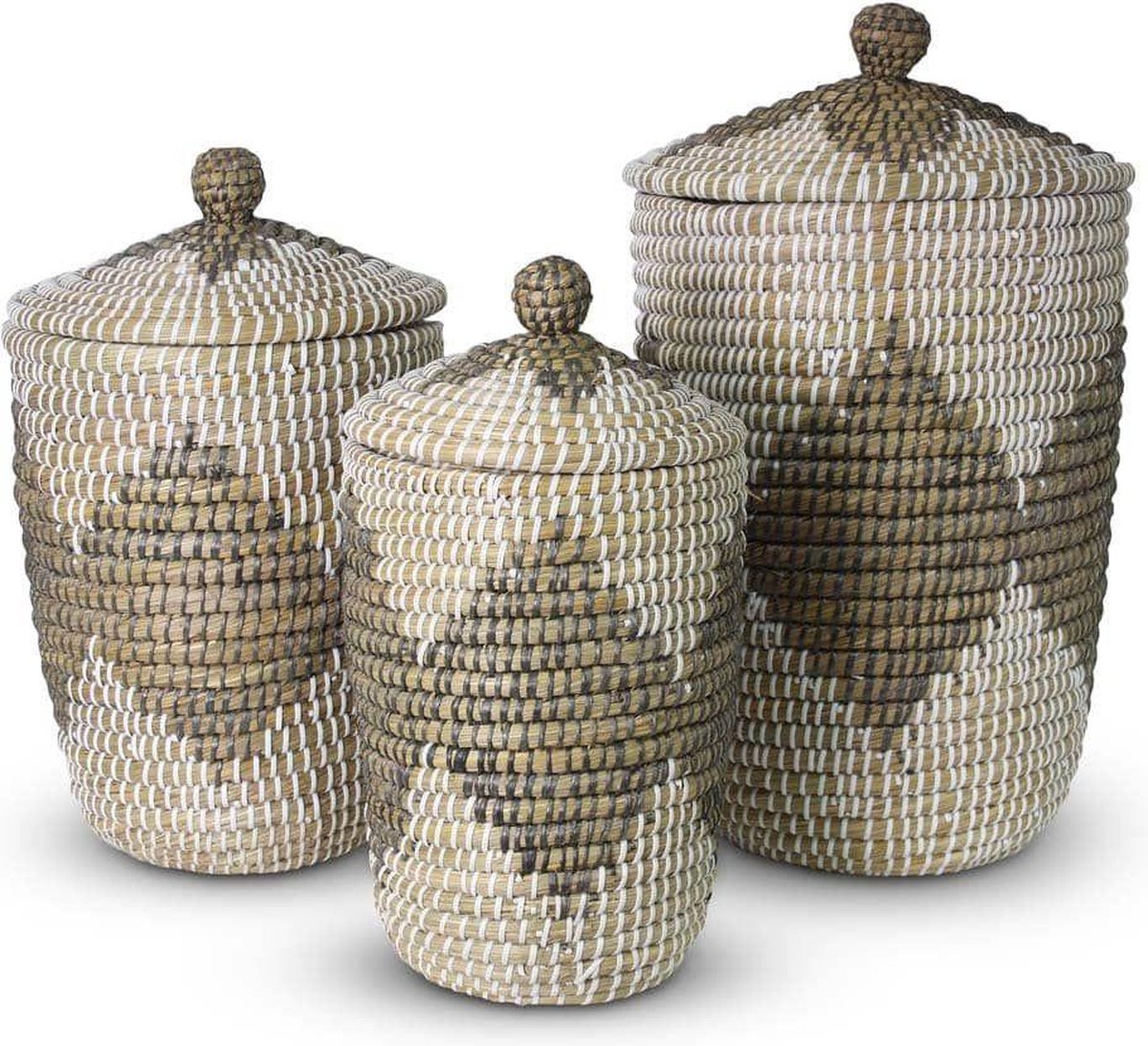 Rieten Mand met Deksel van Zeegras Zwart - Wit