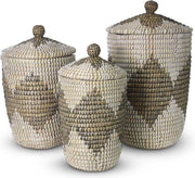 Rieten Mand met Deksel van Zeegras Zwart - Wit