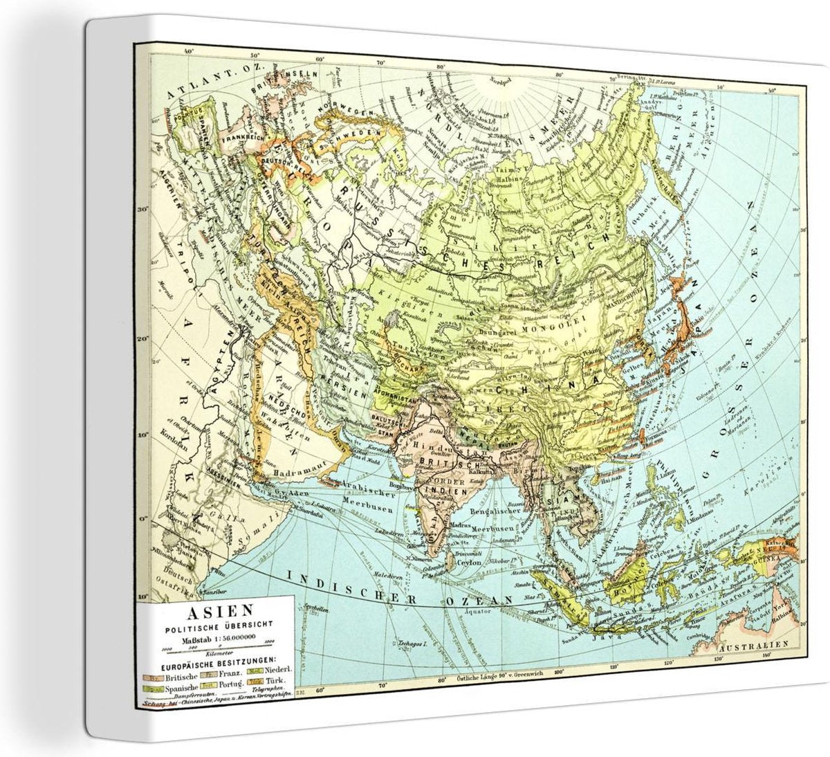 Canvas Klassieke wereldkaart Azië - 40x30 cm - Wanddecoratie