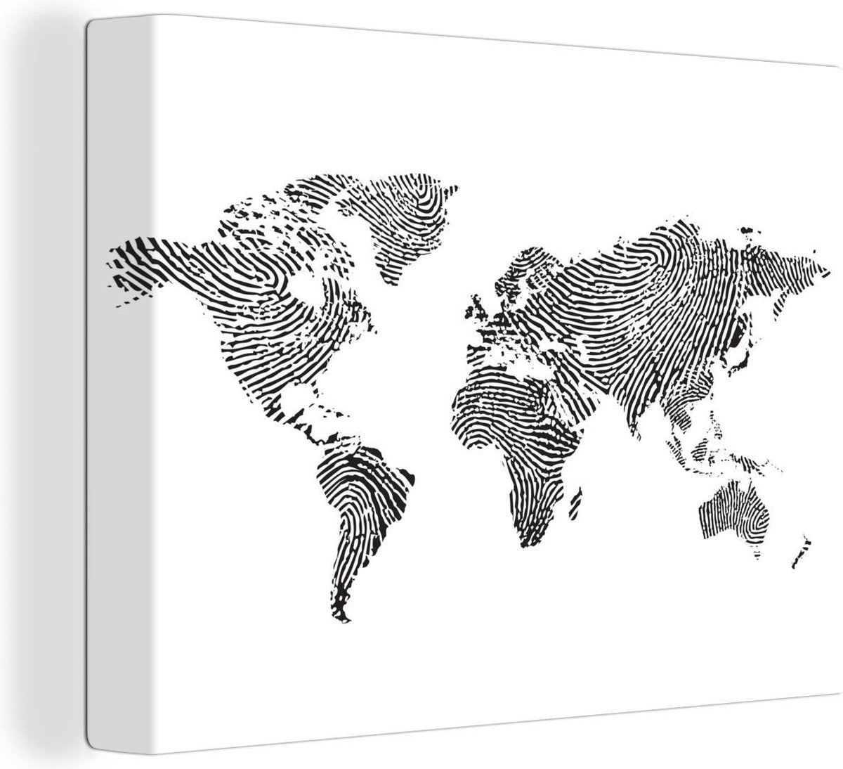 Canvas Schilderijen - Wereldkaart - Vingerafdruk - Zwart - Wit - 80x60 cm - Wanddecoratie
