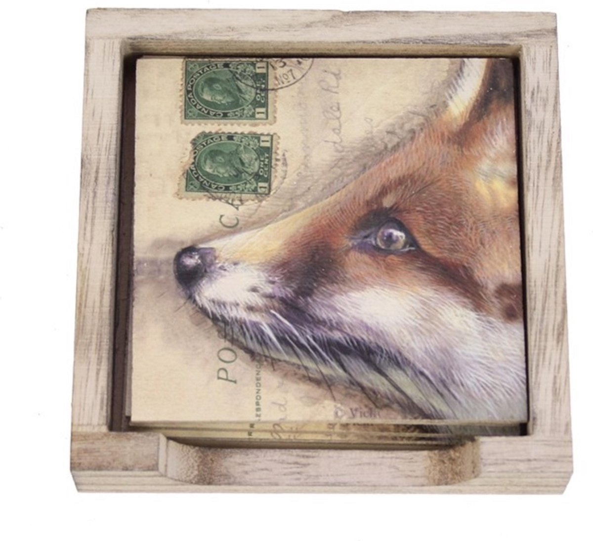 Onderzetters (6) hout in houder Vos 10x10cm