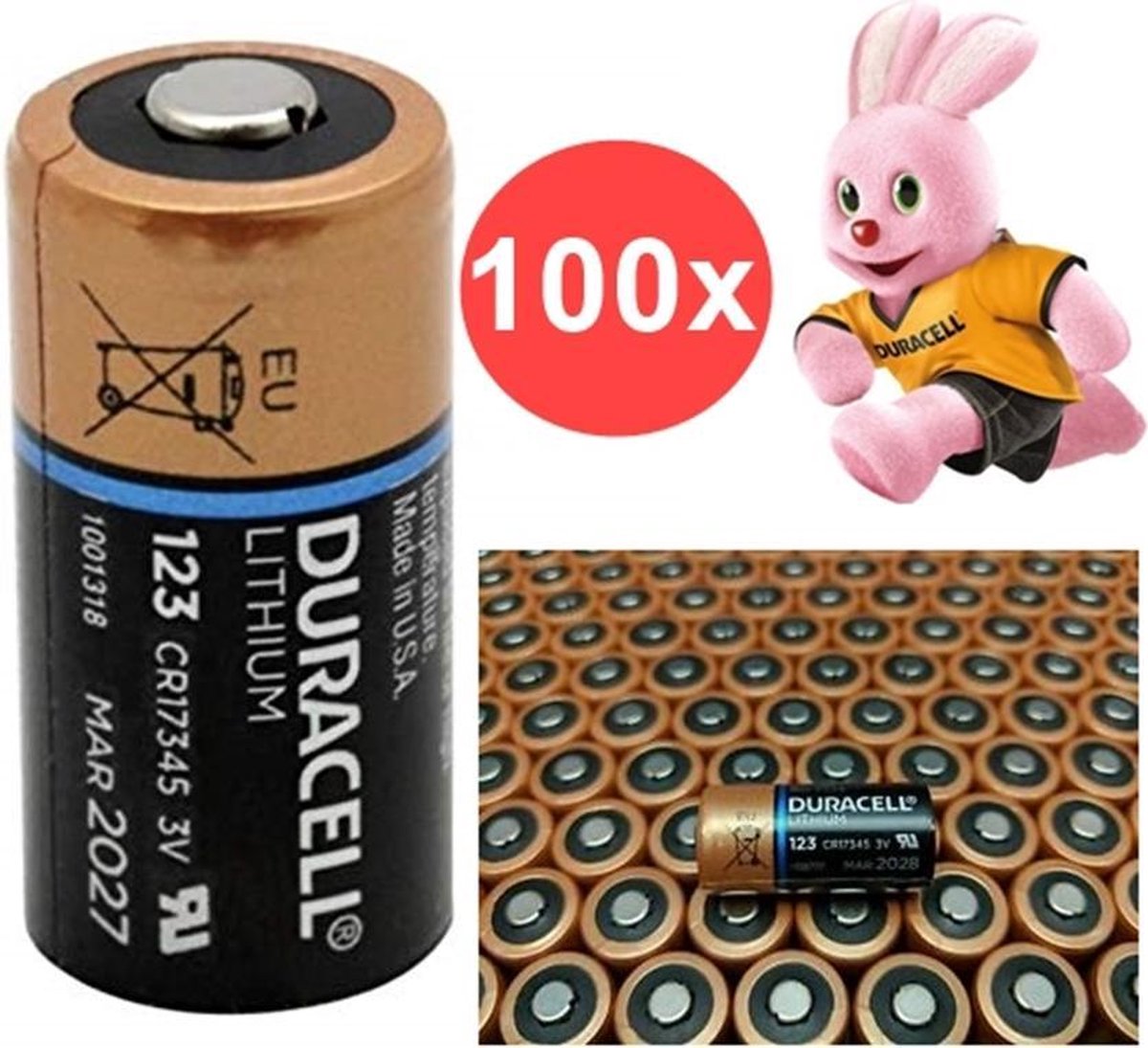 100 Stuks - Duracell CR123A CR123 3V Lithium batterij