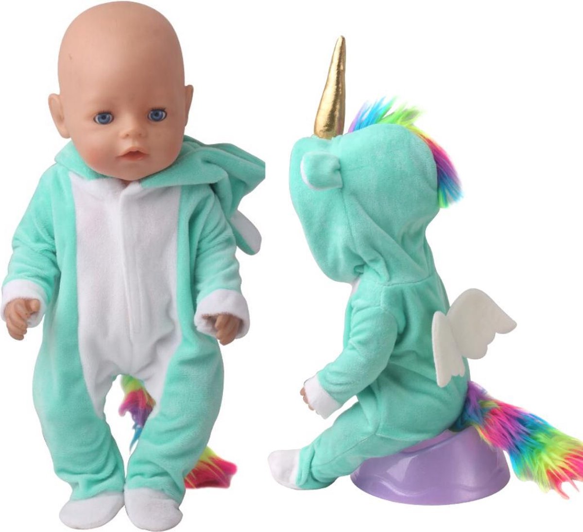 Dolldreams Poppenkleding - Groene Eenhoorn onesie - Kleding past op poppen tot 43CM zoals Baby Born Pop