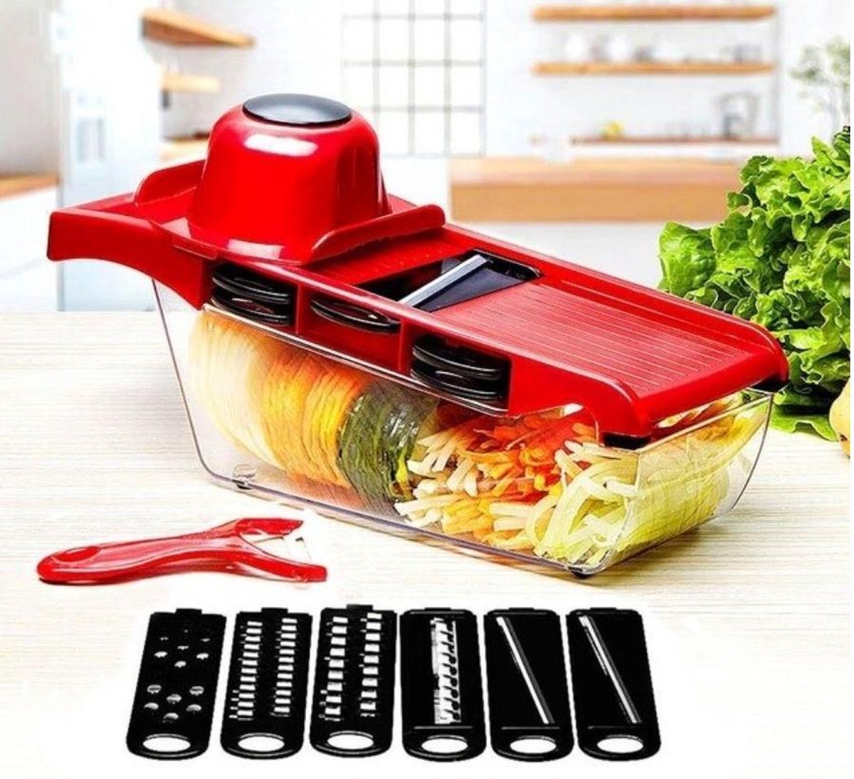 WiseGoods - Mandoline Keukensnijder - Alles in 1 Snijder - 6 in 1 Mandoline + Dunschiller - Rasp - Snijmachine - Rood