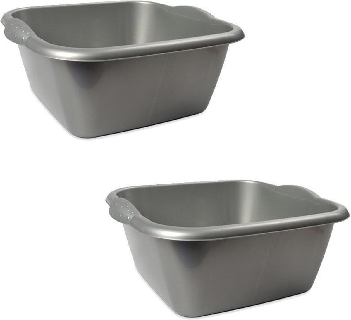 2x Rechthoekige afwasteilen/afwasbakken zilver 10 liter 37 x 34 x 16 cm - Genova teilen - Kunststof/plastic schoonmaakemmer/sopemmer teiltje