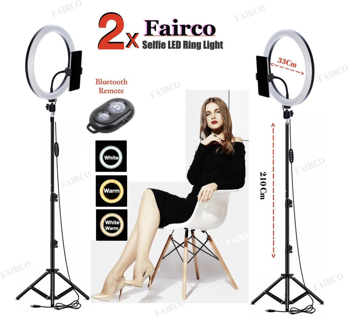 Selfie LED Ring Lamp 33Cm met Statief 210 CM hoog Inclusief Bluetooth afstandsbediening en Telefoonhouder - Smartphone Tripod - LED Ringlamp - Ring Light - flitser - Make-up light - Studiolamp – Fairco