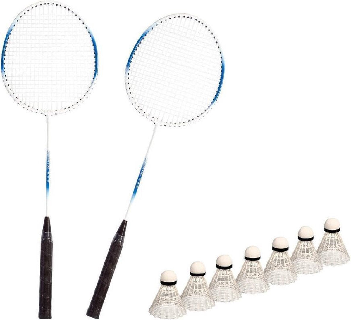 Badminton rackets set blauw/wit met 7x shuttles en opbergtas - 3 sterren kwaliteit