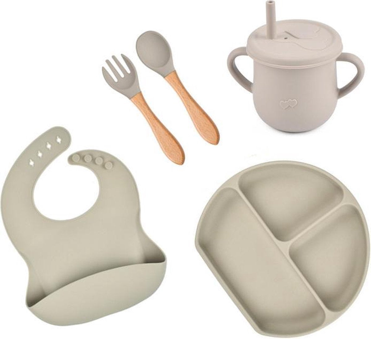 Baby Siliconen 5- delig / kinderservies voor Baby / Jongen / Meisje - Onbreekbaar / Plaat - beker -Slabbetje - Lepel & Vork