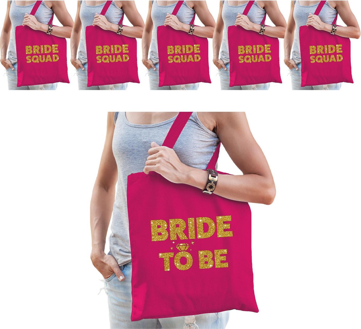 Pakket Vrijgezellenfeest vrouw tasjes/ goodiebag - 1x Bride to Be roze goud + 9x Bride Squad roze goud - Vrijgezellen dames