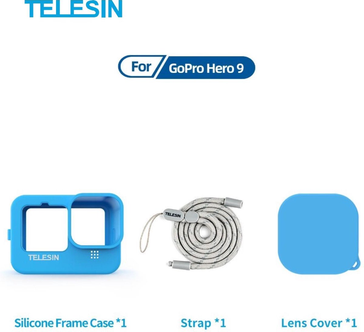 PRO SERIES Kit Anti-Shock Soft Silicone Case + Lens Cap + Handgreep Polsband Geschikt voor GoPro 9 - Blauw