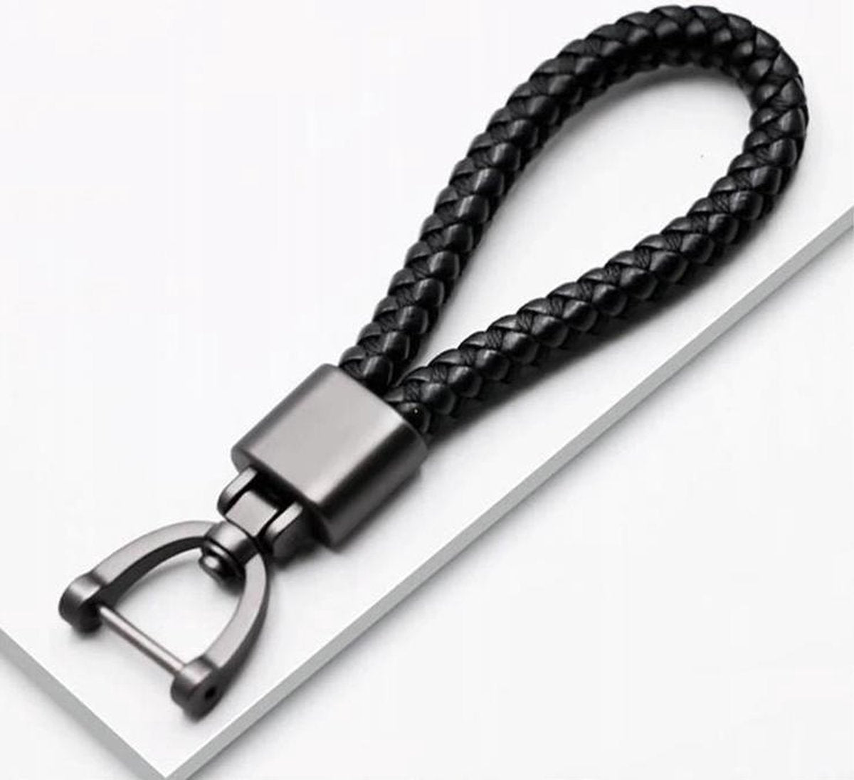 Luxe leren sleutelhanger - Voor auto - zwart geweven | autosleutel - leer - mannen - vrouwen