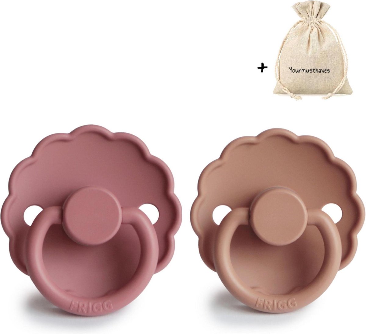 FRIGG | Fopspeen Duo | T1 | 0-6 maanden | Daisy | Silicone | Powder Blush + Rose Gold | Met YOURMUSTHAVES speenzakje