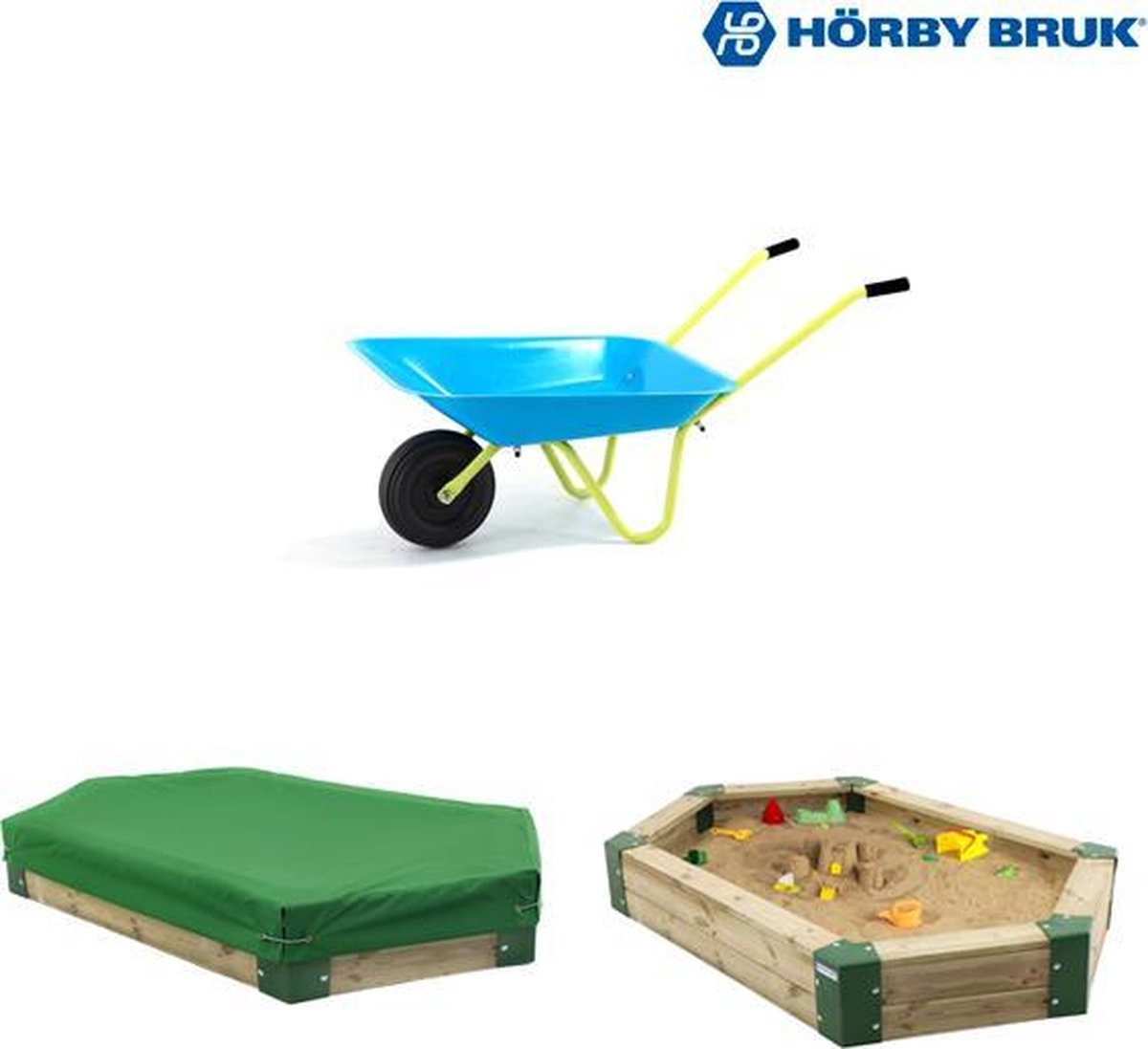 Horby bruk zandbak 210 inclusief hoes en kinderkruiwagen turquoise
