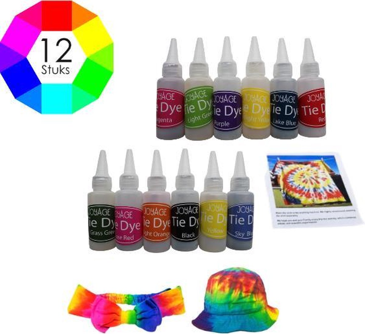 Joyage Tie Dye Kit verf - 12 kleuren - Tie dye verf kit in flesjes - Tie-dye Ontwerpstudio - Tiedye Textielverf - Speelgoed meisjes - Kado vrouwen - Batik textiel set - Batikkleurstof voor textiel - Batikkleuren voor t-shirts