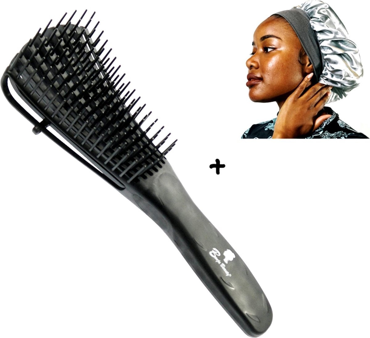 BenjaBeauty® Anti klit haarborstel|Inclusief BenjaBeauty® Satijnen slaapmuts|Haarverzorging|Satin bonnet|Zwart
