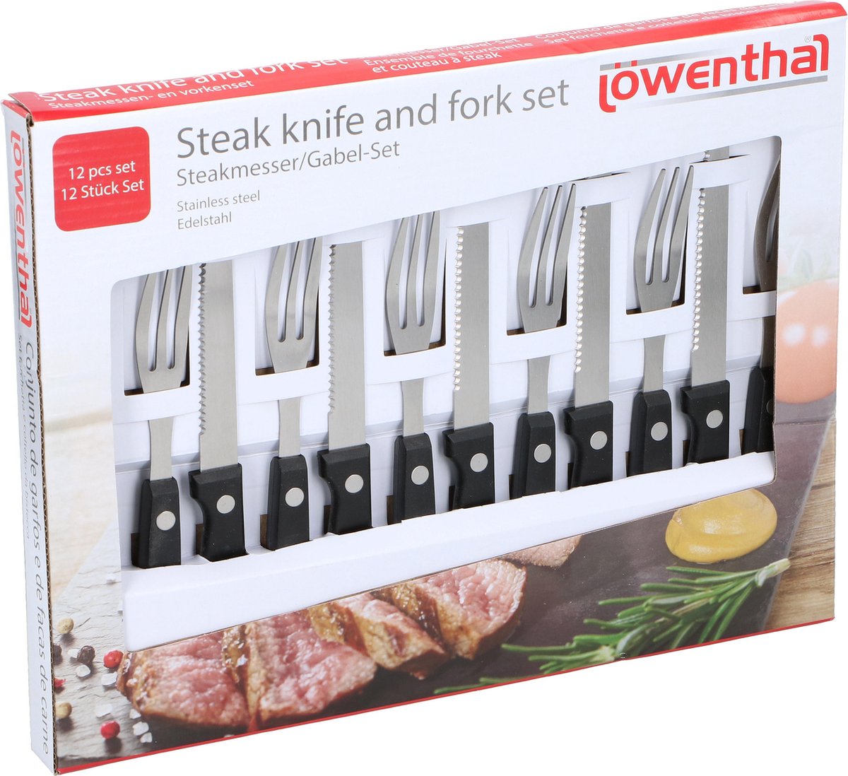 Lowenthal Steak Vork & Messen Set - 12 Delig - BBQ bestek - RVS