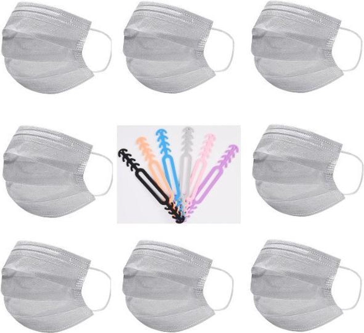 Grijze Wegwerp Mondmaskers | 100 Gekleurde Mondkapjes | Met 6 Earsavers Mixed Kleuren | 3 Laags | Hoogste Kwaliteitsgarantie