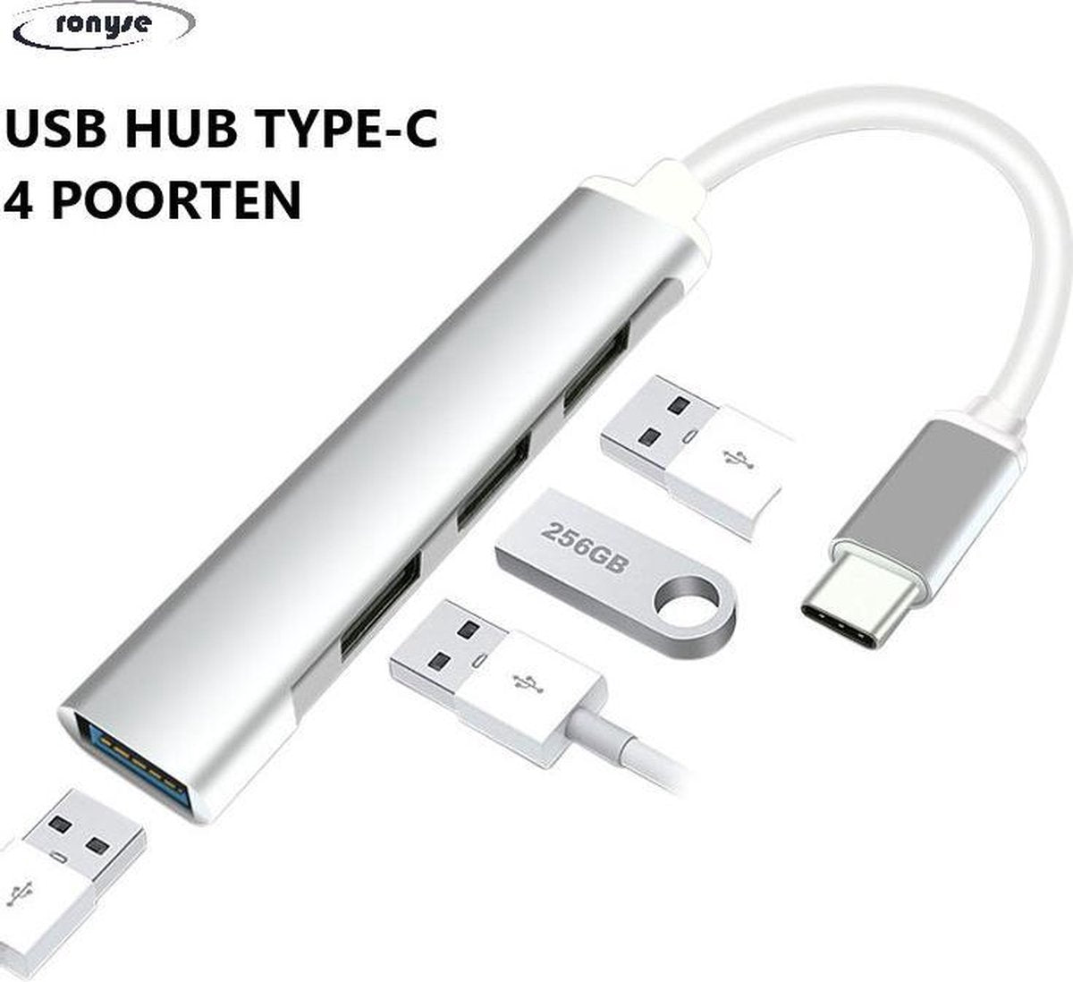 4 in 1 USB C-HUB Multipoort Adapter - 4x USB poorten - USB 3.0 en Type-C opladen - Bruikbaar voor Macbook Pro