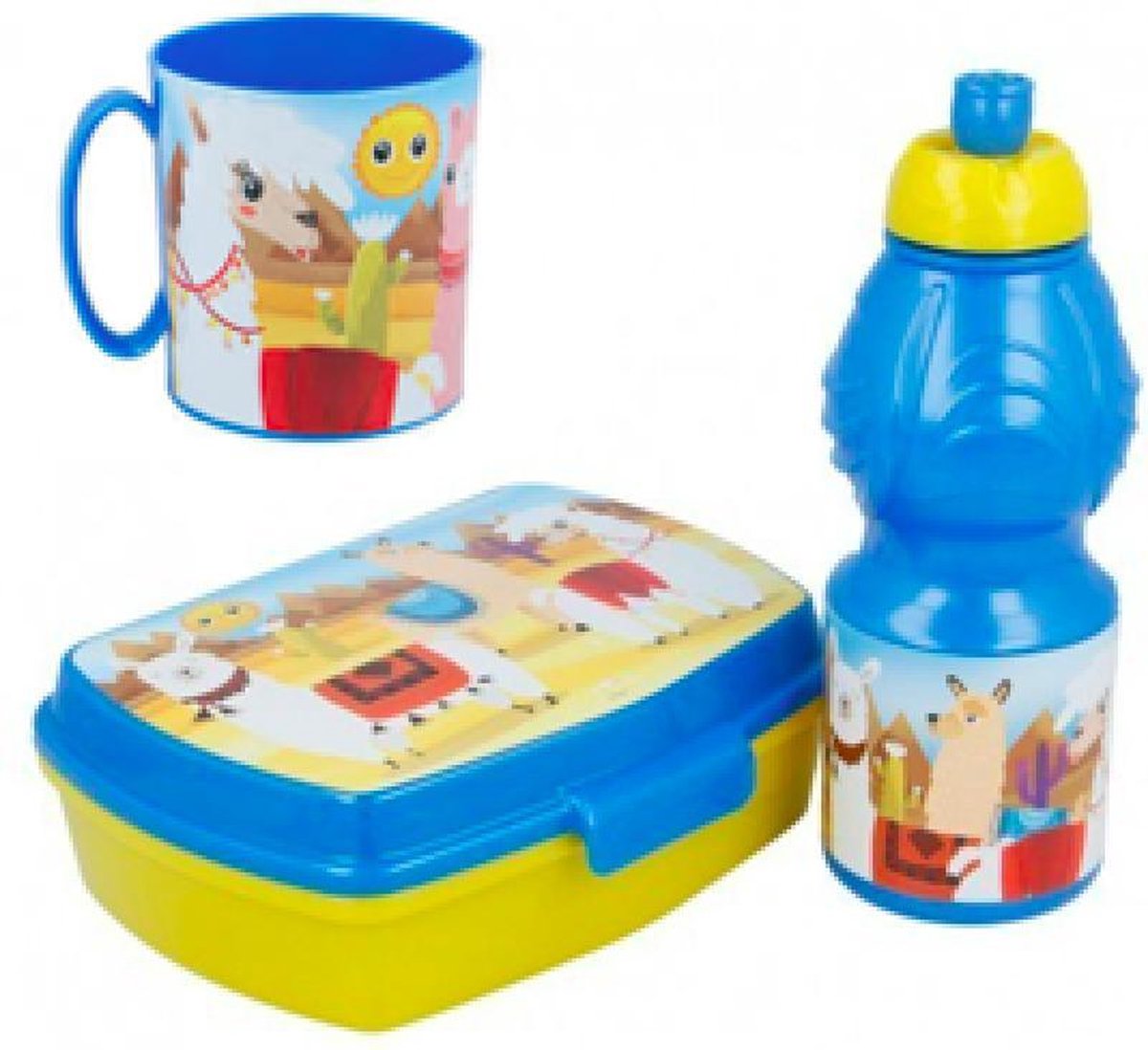 Alpaca - Lama  brooddoos (17 cm - 13 cm - 6 cm) + drinkbeker (9cm hoog - 350 ml) + Drinkfles (18 cm hoog - 400 ml)