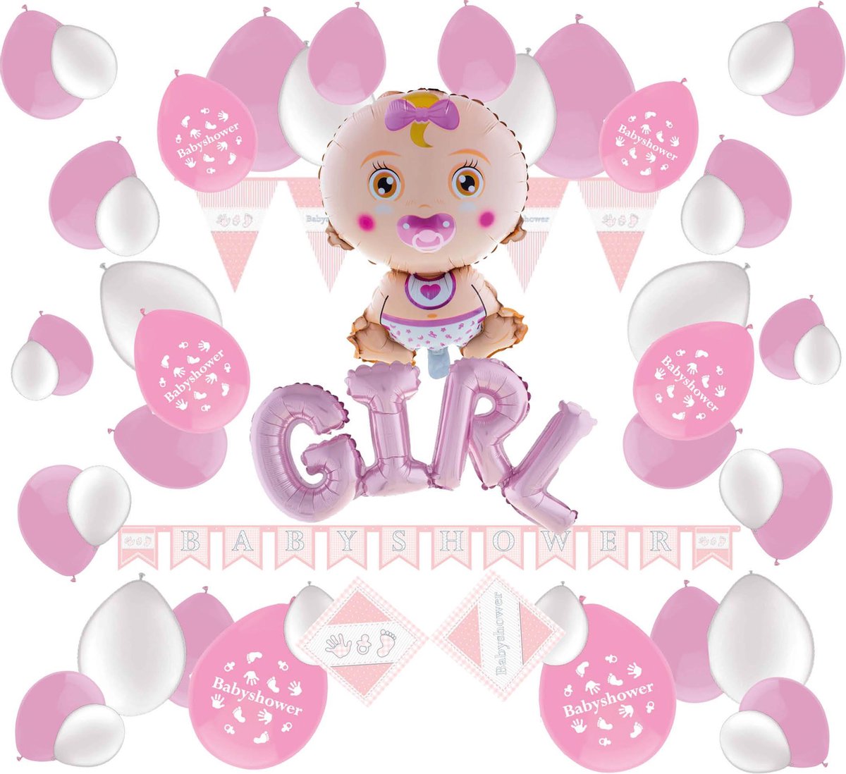 e-Carnavalskleding.nl Feestversiering pakket babyshower meisje | Versiering babyshower feest meisje | Babyshower feestversiering voor een baby feest | Leuk pakket baby meisje met feestartikelen voor de Babyshower Large