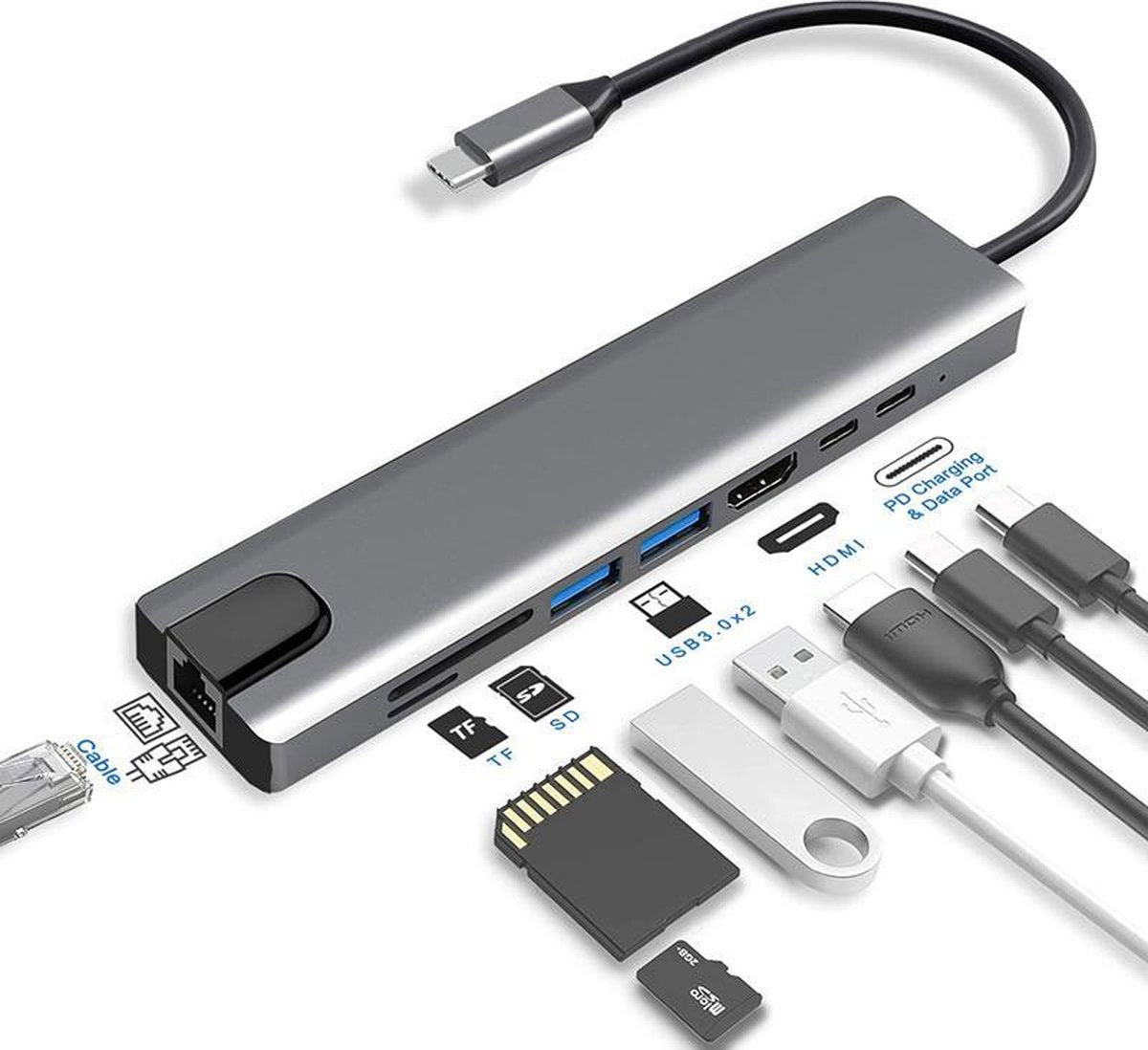 Bradey - 8-in-1 USB-C Hub - 4K HDMI - USB 3.0 - 1000 Mbps Ethernet