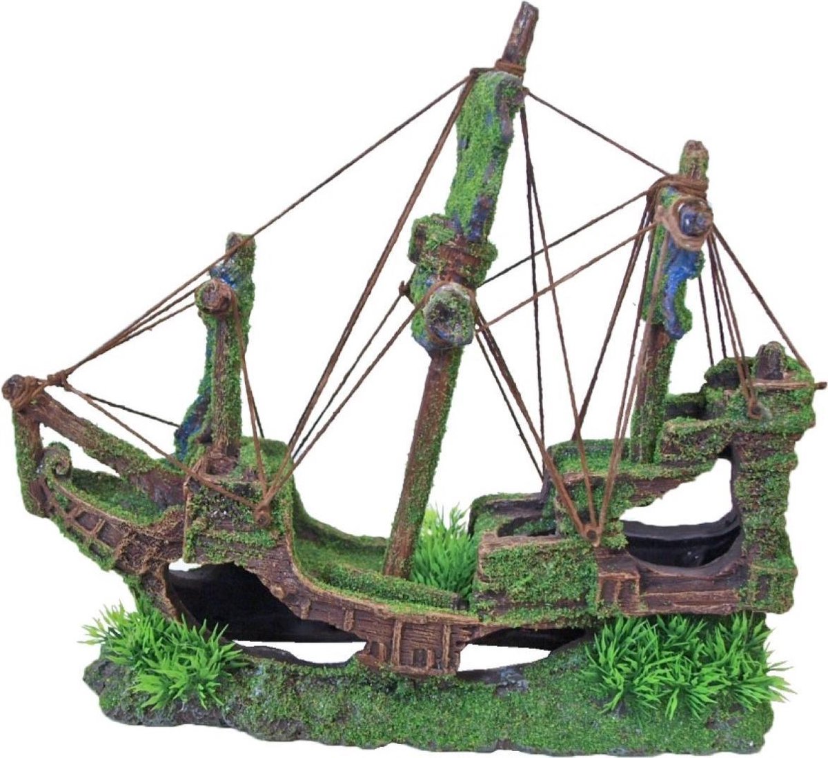 Polyresin ornament gezonken galjoen met gaten en mos 30 cm
