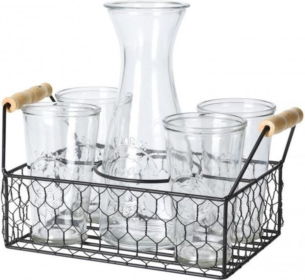 Water karaf met 4 glazen in mandje - Waterglazen met kan
