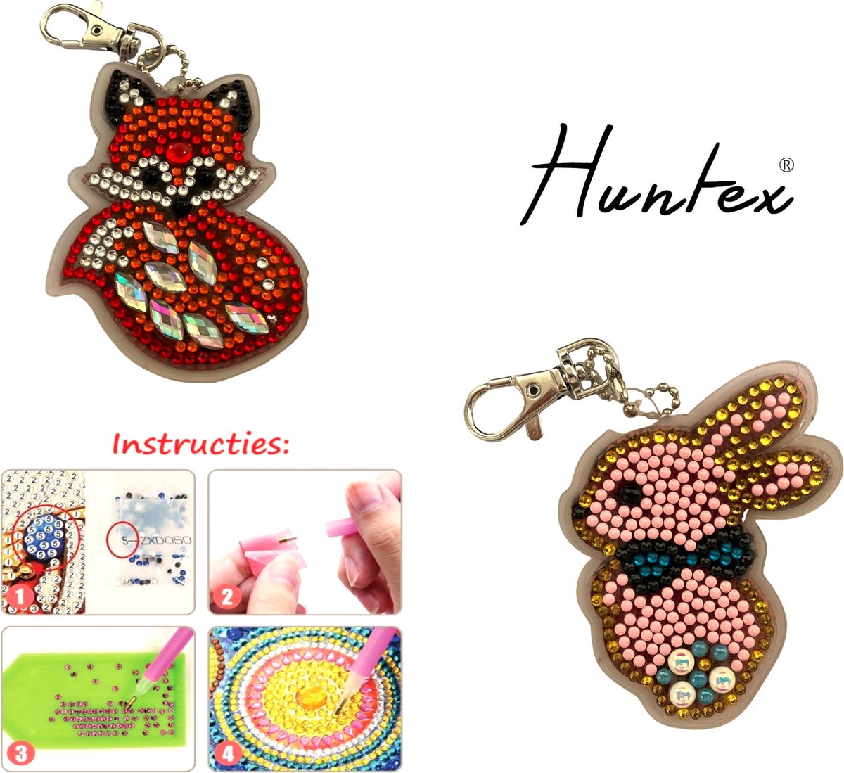 Huntex Diamond Painting Sleutelhanger Set - Vos/Konijn - Accessoires - pen - Kinderen - Pakket Volwassenen - Pakket Full - Pakket Volledig - Accesoires - Dieren