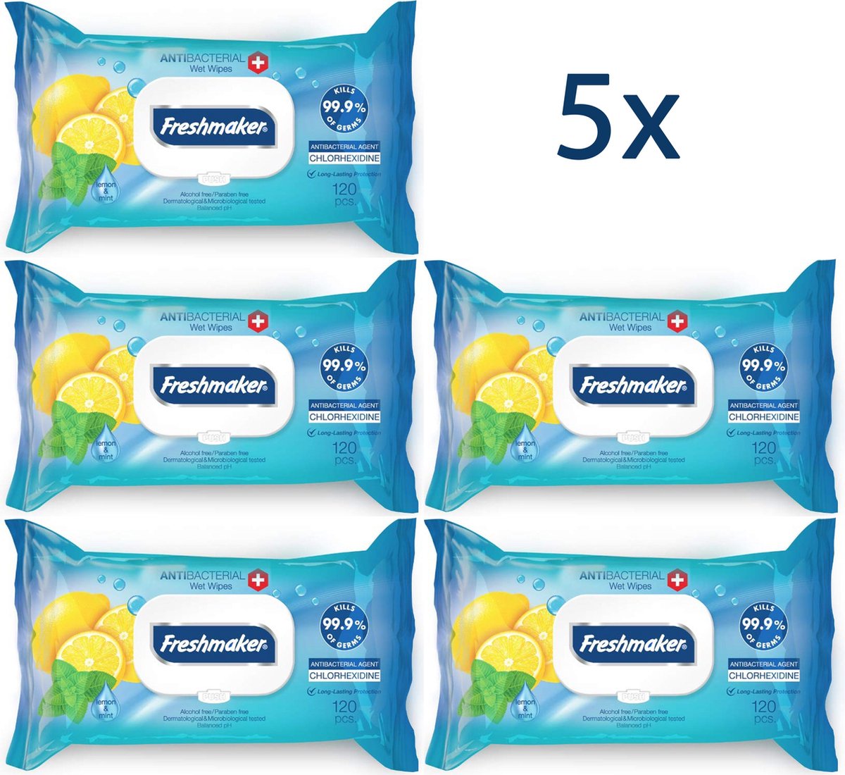 Freshmaker Antibacteriële doekjes - 5x120 stuks - Hygiënisch - Vochtige doekjes voor diepe reiniging - Deurknoppen/ Stoelen/ Tafels/ Toilet - Frisse geur