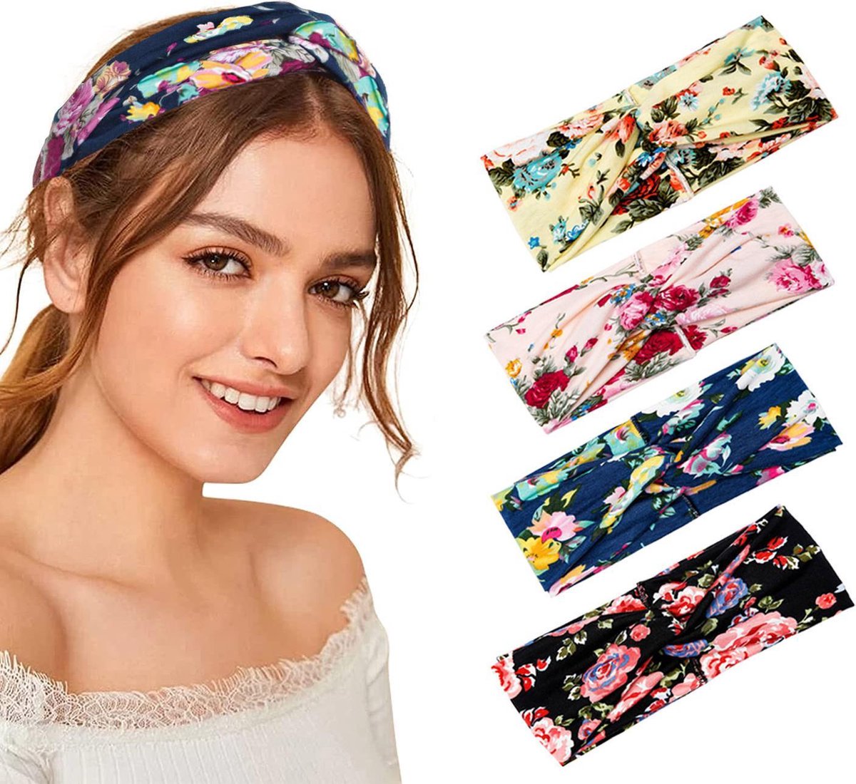 LIXINN® Set 4 stuks dames haarbanden gebloemd - Bloemen - Meisjes - Tieners - Vrouwen - Volwassenen - Haarband bloemenprint met knoop - Elastisch antislip - Yoga - Hardlopen -Sport - Haaraccessoires