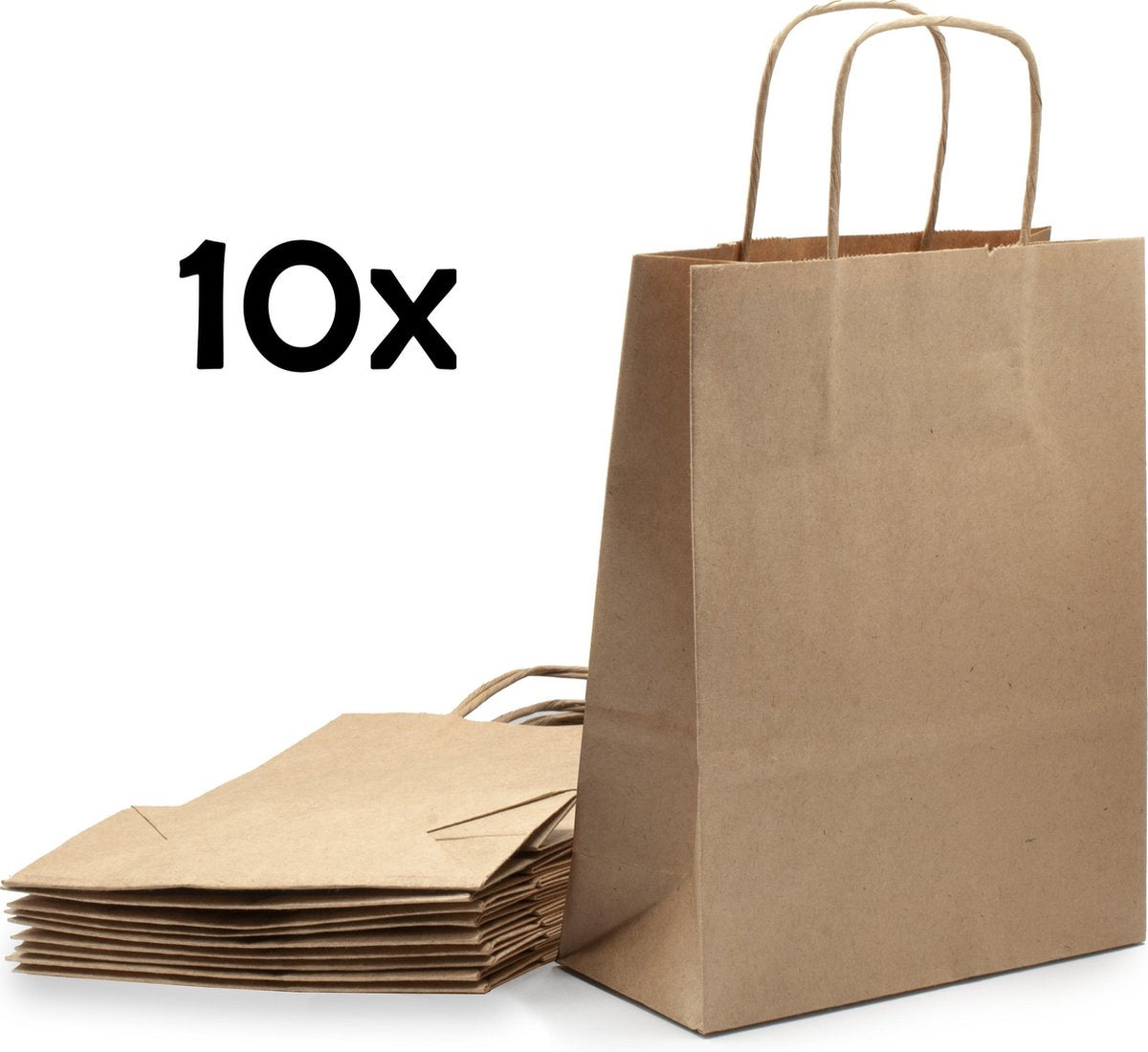 PrimeAmbition Kraft Papieren Tasjes Met Handvat – 10 Stuks – Bruin – 18 x 8 x 24 cm – Papieren Zakjes - Gift Bag – Geschenktas – Cadeautasjes – Cadeauzakjes – Cadeau Tas