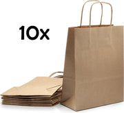 PrimeAmbition Kraft Papieren Tasjes Met Handvat – 10 Stuks – Bruin – 18 x 8 x 24 cm – Papieren Zakjes - Gift Bag – Geschenktas – Cadeautasjes – Cadeauzakjes – Cadeau Tas