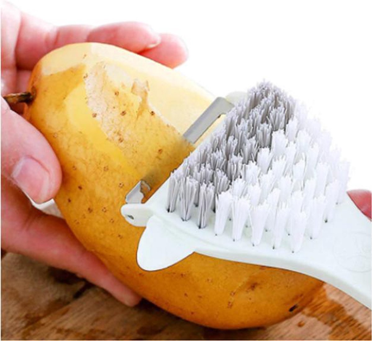 2 in 1 - champignonborstel - dunschiller aardappel - aardappelschiller - groenteborstel - aardappelmesje - dunschiller mesje - appelsnijder - wit