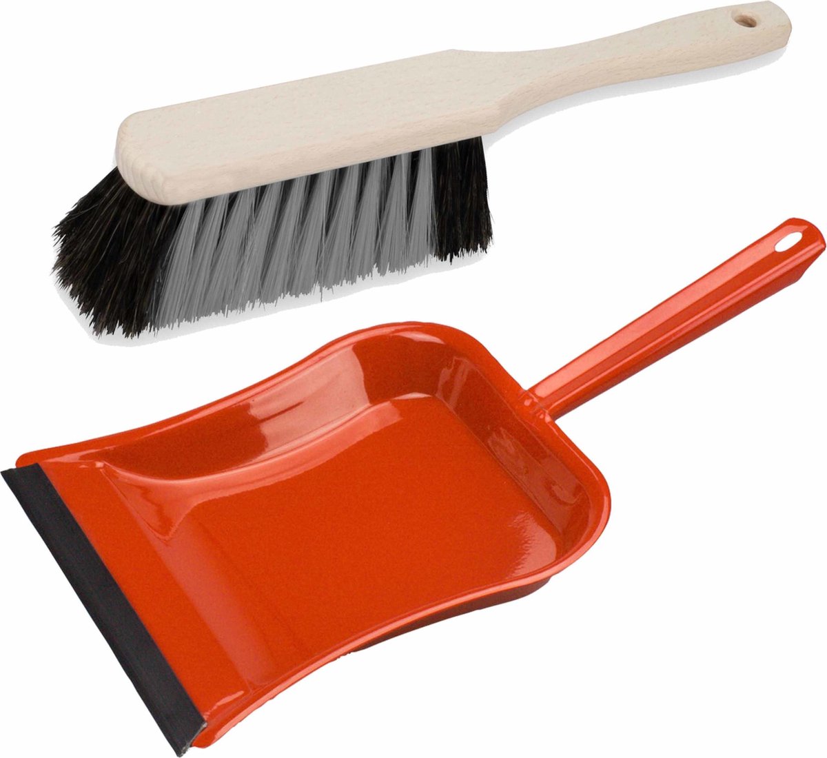 Stoffer en blik rood van metaal/hout met lip voor binnen - Zachte borstel/handveger