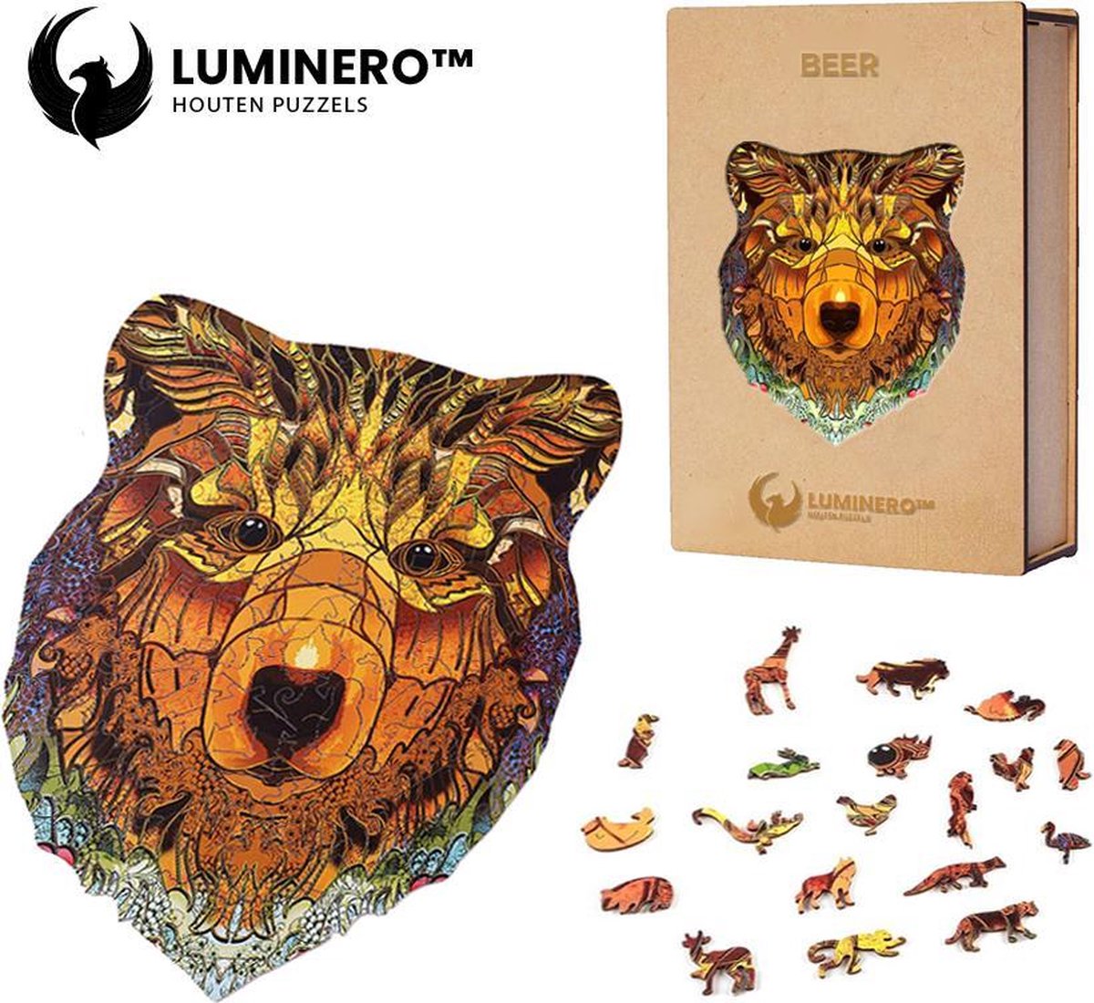 Luminero™  Houten Beer Jigsaw Puzzel - A3 Formaat Jigsaw - Unieke 3D Puzzels - Huisdecoratie - Wooden Puzzle - Volwassenen & Kinderen - Incl. Houten Doos