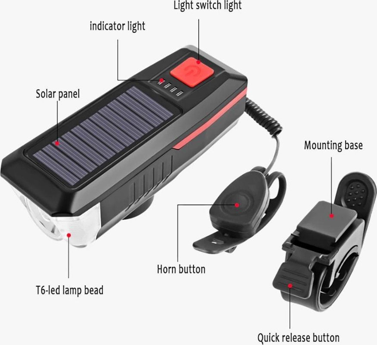 BikerVibes - Fietsverlichting USB Oplaadbaar – Voorlamp Fiets - Zaklamp - Solar – Voorlicht – LED - Waterdicht - Fietslampje - 250 Lumen - Zwart/groen