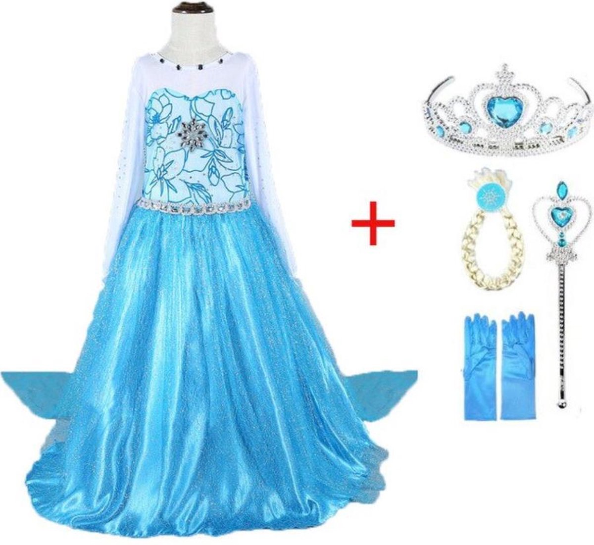 WiseGoods - Frozen Elsa - Jurk en set voor Meisjes - Prinsessen - Verkleedkleding - Kinderkostuum - 6-7 jaar - 116-122 - Blauw
