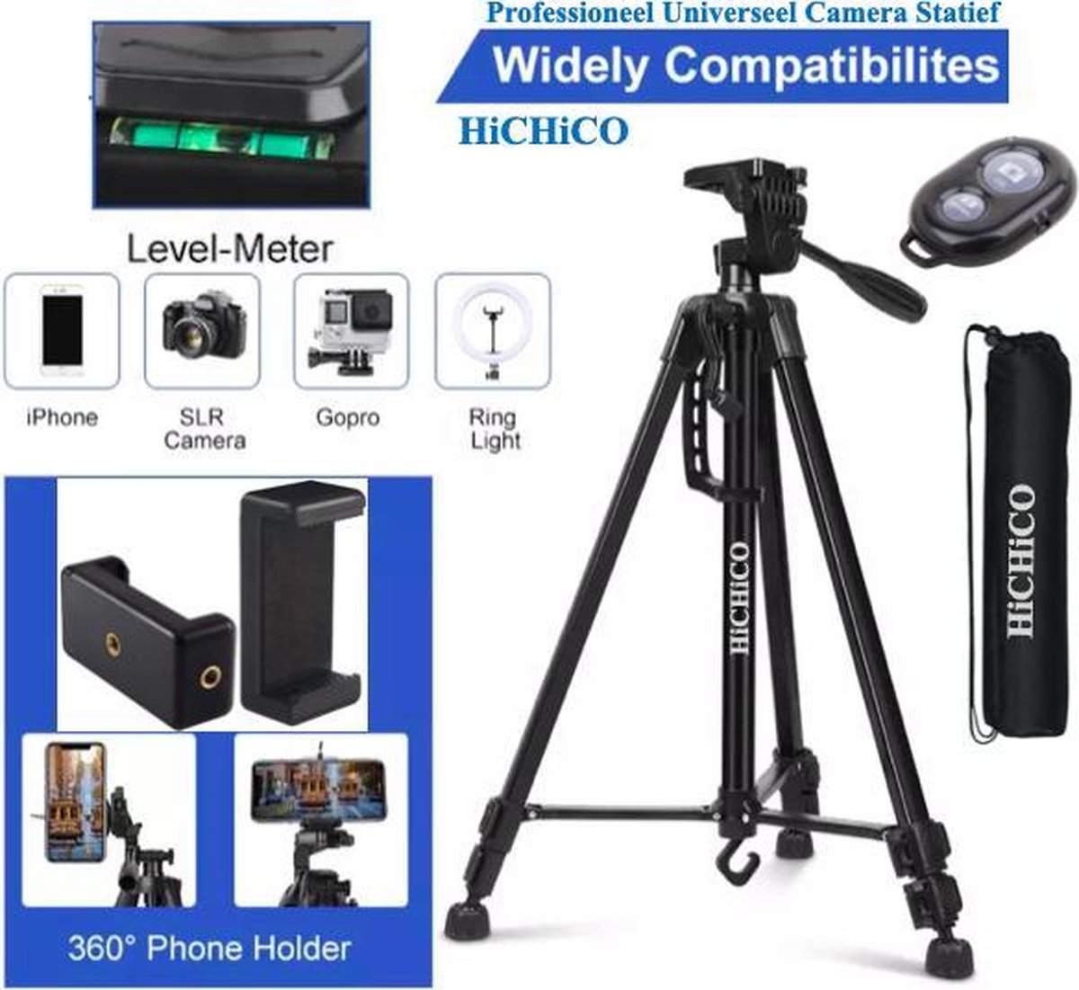 Professioneel Universeel Camera Statief  Met Handgreep en Hendel - Smartphone Tripod Zwart - Inclusief Bluetooth Remote Shutter
