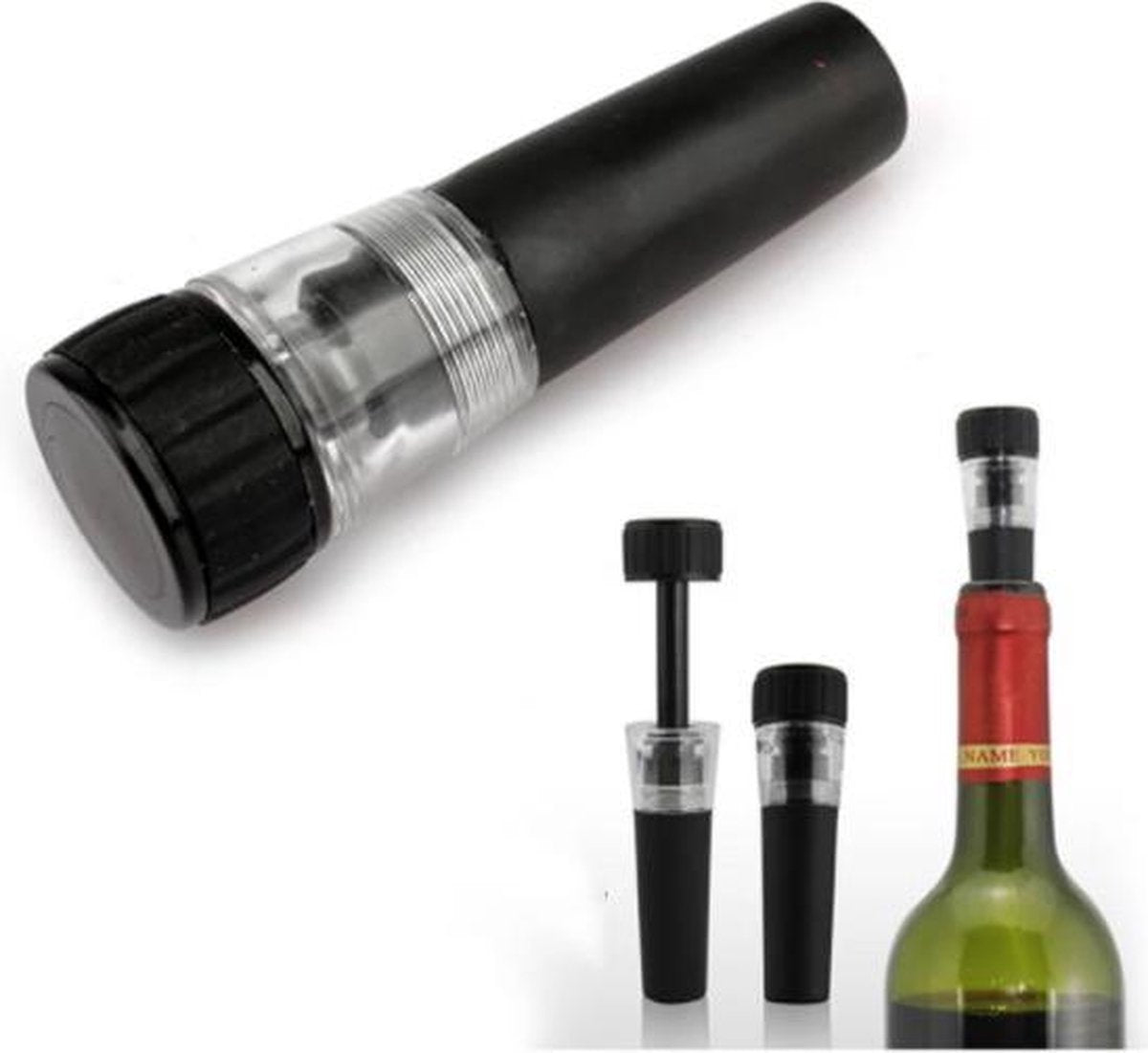 FSW-Products - Luxe Wijnafsluiter - Champagnestopper - Vacuüm - Luchtpomp - Kurk vervanger - Alcohol behouder - Flessenstopper - Wijn Stopper - Kurk voor Flessen - Zwart
