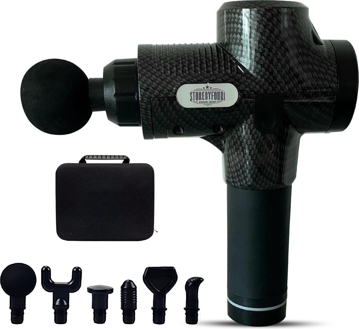Storebyfour.com® Massage Gun PRO Fit - Massage Pistool - Professioneel - Inclusief 6 opzetstukken - Sport en Relax Massage - Zwart & Carbon