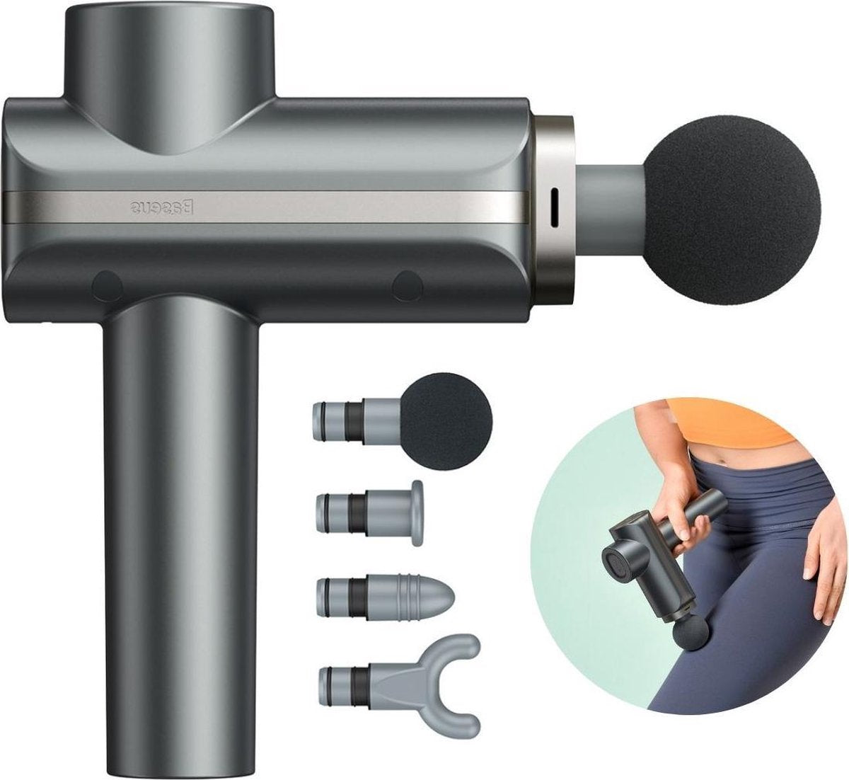 Baseus - Massage Gun -  4 Opzetstukken - Klopmassage & Vibratie Massage - Opbergtas - Space Gray