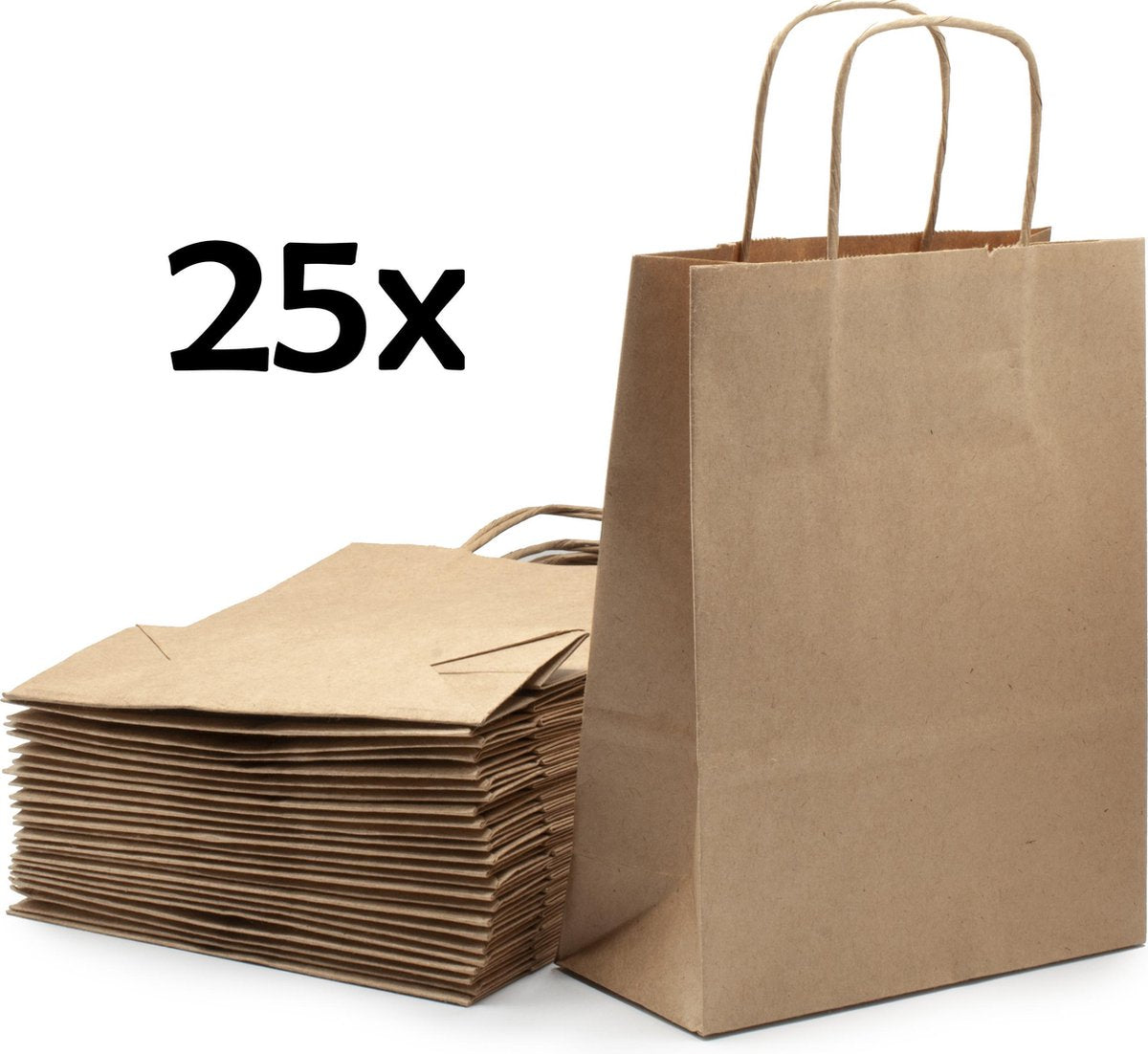 PrimeAmbition Kraft Papieren Tasjes Met Handvat – 25 Stuks – Bruin – 18 x 8 x 24 cm – Papieren Zakjes - Gift Bag – Geschenktas – Cadeautasjes – Cadeauzakjes – Cadeau Tas